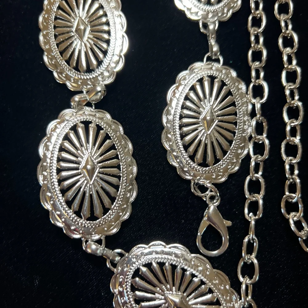 XXL 60” Long New Western Boho Floral Silver  Concho Chain Belt